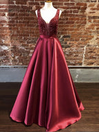 Gorgeous Long A-line V Neck Satin Graduation Prom Dresses with Beadings