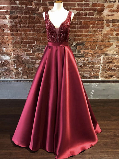 Wunderschönes langes A-Linien-Abschlussballkleid aus Satin mit V-Ausschnitt und Perlenbesatz
