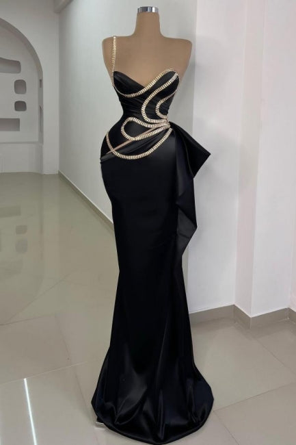 Wunderschönes langes schwarzes Meerjungfrau-Ballkleid mit einer Schulter und ärmelloser Spitze