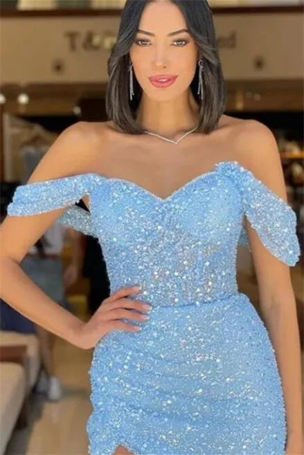 Gorgeous Long Blue Mermaid Off-the-shoulder Sequined Sleeveless Prom Dress With Slit