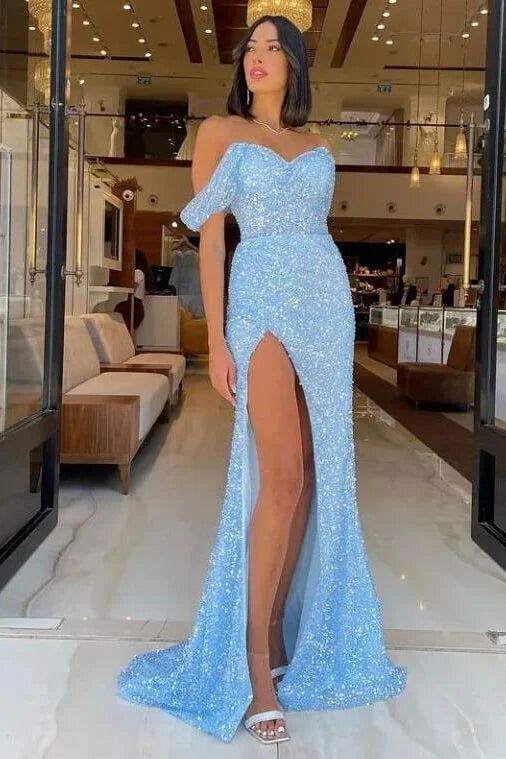Wunderschönes langes blaues Meerjungfrau-Ballkleid mit schulterfreiem, ärmellosem Pailletten und Schlitz