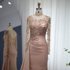 Wunderschönes langes Ballkleid mit hohem Halsausschnitt, Perlenbesatz und Pailletten und langen Ärmeln