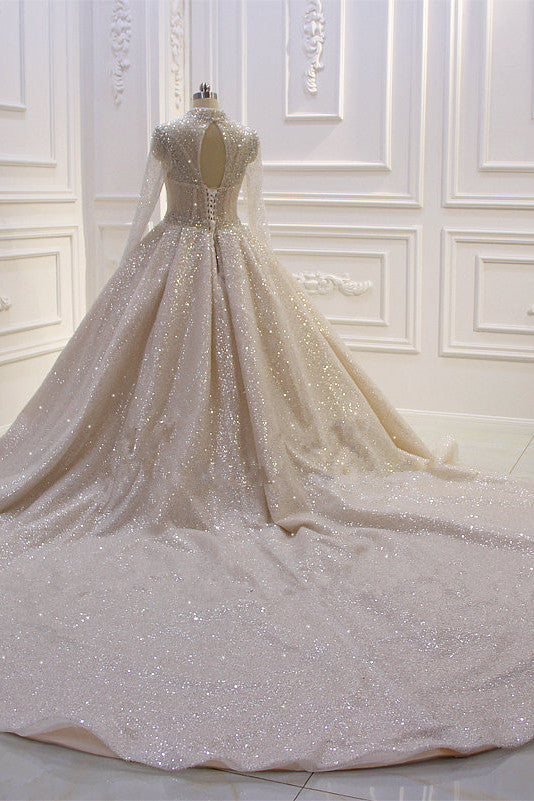 Gorgeous Long High neck Sequin Satin Ball Gown Wedding Dress with Sleeves