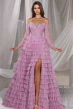 Wunderschönes langes, fliederfarbenes, schulterfreies A-Linien-Ballkleid aus Tüll mit Pailletten und Schlitz