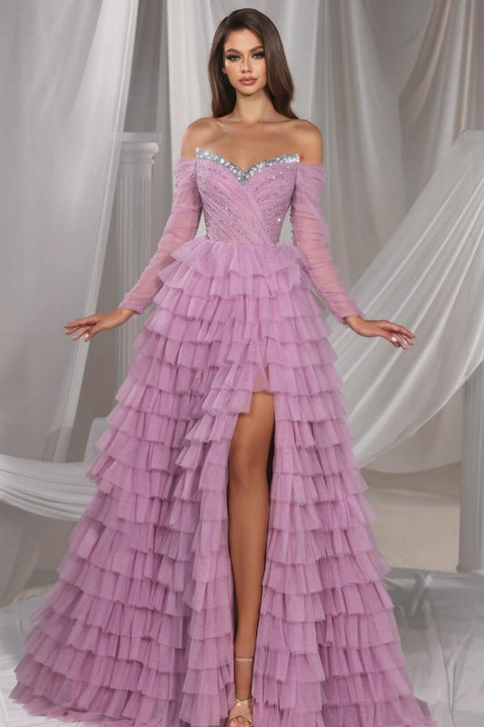 Wunderschönes langes, fliederfarbenes, schulterfreies A-Linien-Ballkleid aus Tüll mit Pailletten und Schlitz