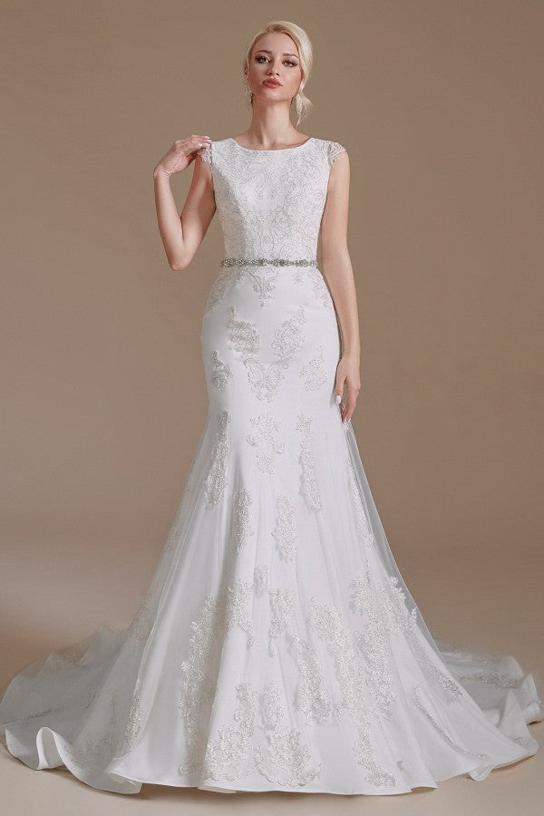Wunderschönes langes Meerjungfrau-Brautkleid mit Juwelen und Tüllspitze