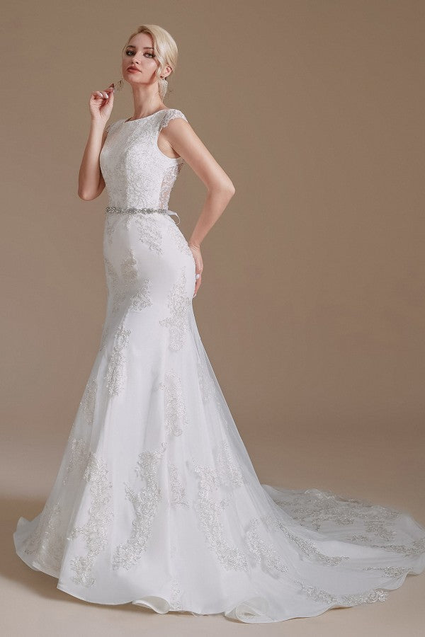 Wunderschönes langes Meerjungfrau-Brautkleid mit Juwelen und Tüllspitze