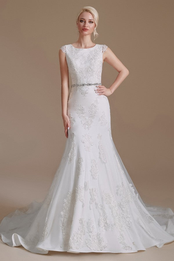 Wunderschönes langes Meerjungfrau-Brautkleid mit Juwelen und Tüllspitze