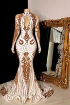 Gorgeous Long Mermaid Keyhole Neckline Sequins Formal Prom Dress with Sleeves