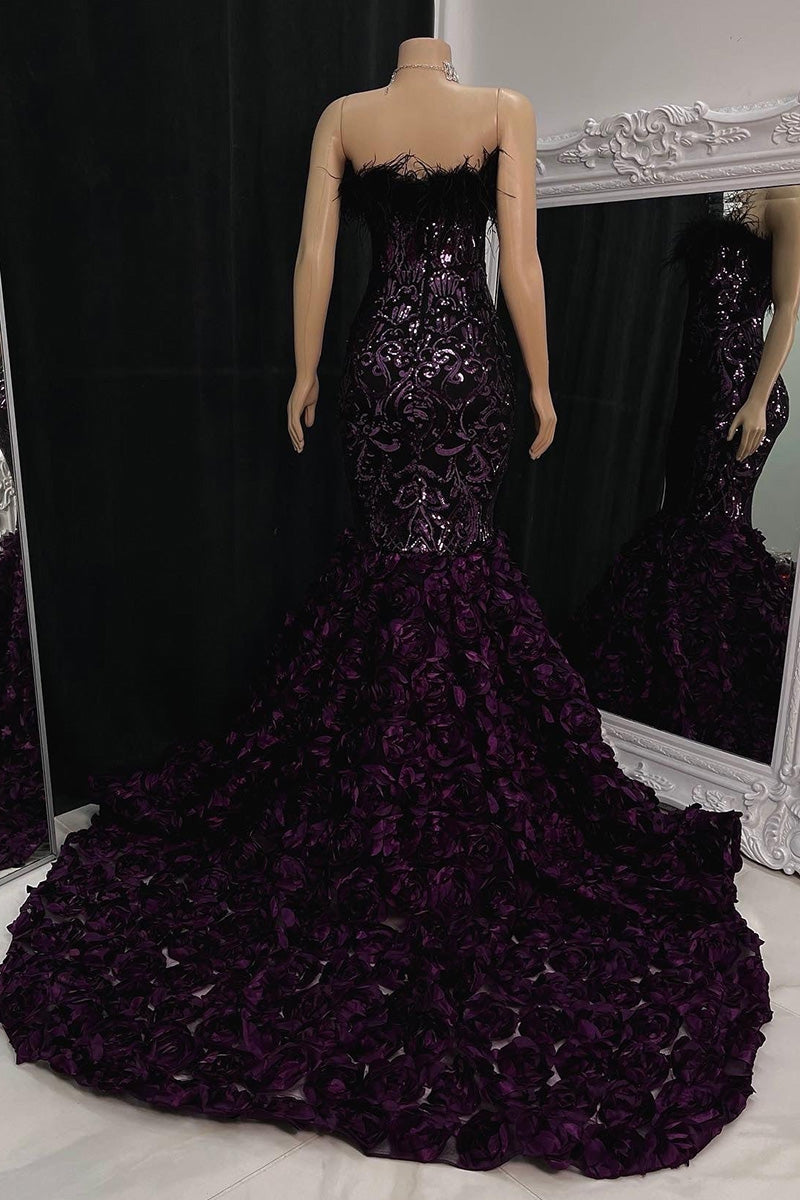 Wunderschönes langes Meerjungfrau-Ballkleid mit Spitze und Blumen