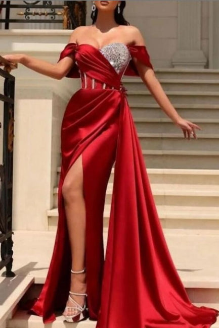 Wunderschönes langes Meerjungfrau-Abendkleid mit schulterfreiem, ärmellosem Schlitz und Glitzer
