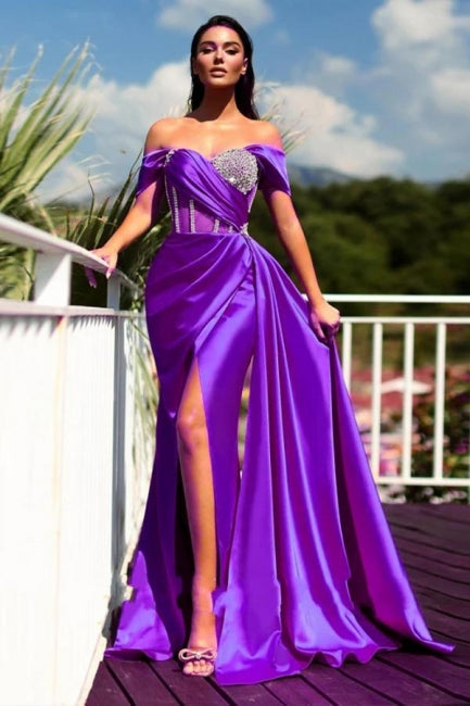 Wunderschönes langes Meerjungfrau-Abendkleid mit schulterfreiem, ärmellosem Schlitz und Glitzer