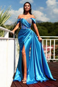 Wunderschönes langes Meerjungfrau-Abendkleid mit schulterfreiem, ärmellosem Schlitz und Glitzer