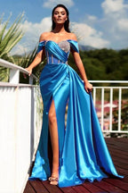 Wunderschönes langes Meerjungfrau-Abendkleid mit schulterfreiem, ärmellosem Schlitz und Glitzer