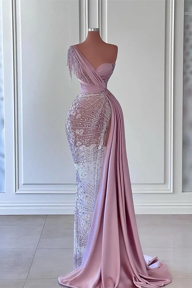 Wunderschönes langes Meerjungfrau-Abendkleid mit einer Schulter und Perlenbesatz im Ärmel
