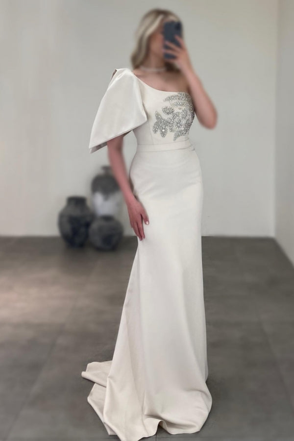 Wunderschönes langes Meerjungfrau-Abendkleid mit einer Schulter und Satin-Strasssteinen