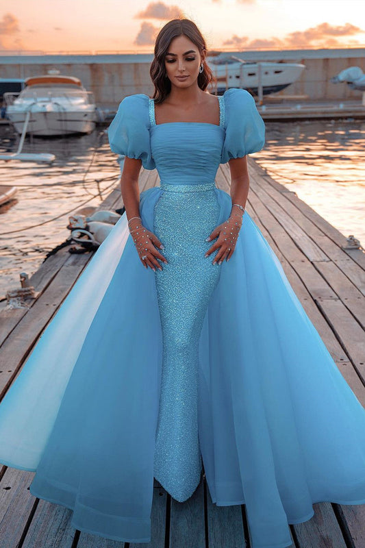 Wunderschönes langes Meerjungfrau-Ballkleid mit Puffärmeln und Pailletten und abnehmbarer Tüllschleppe