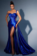Hermoso vestido de fiesta largo de sirena azul real con un solo hombro, lentejuelas y abertura