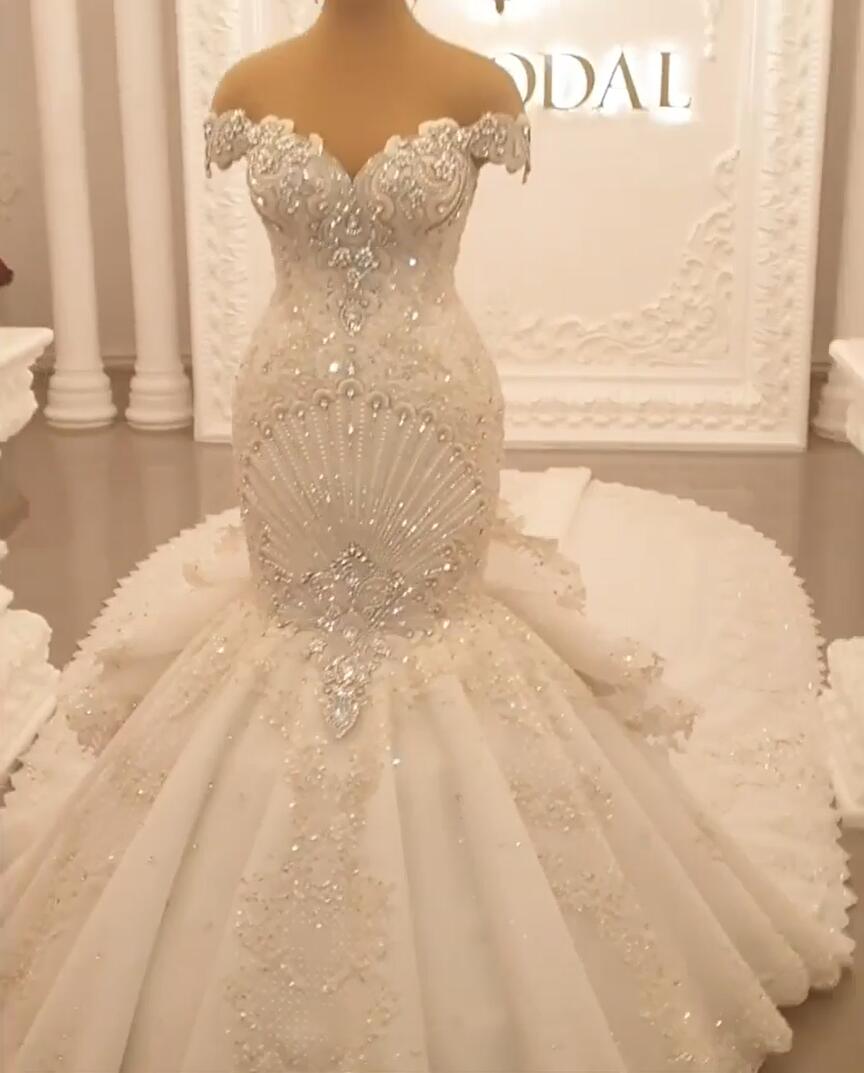 Gorgeous Long Off the Shoulder Crystal Backless Mermaid Wedding Dresses