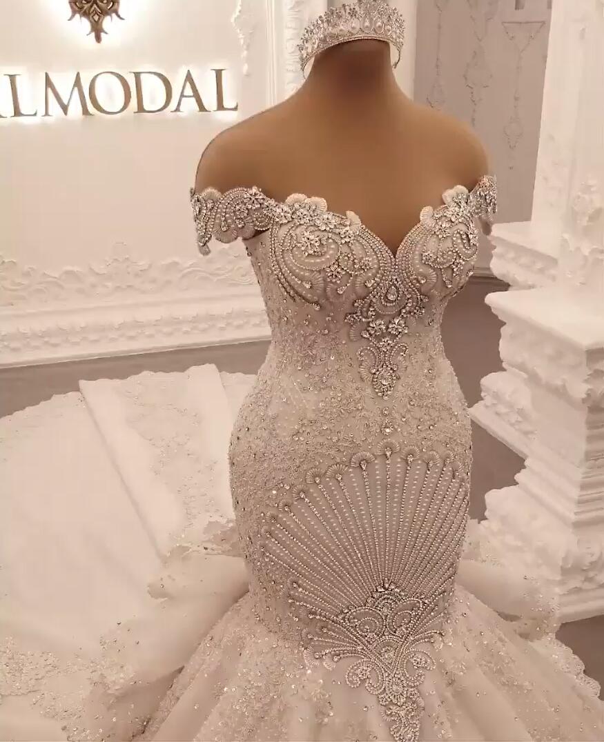 Gorgeous Long Off the Shoulder Crystal Backless Mermaid Wedding Dresses