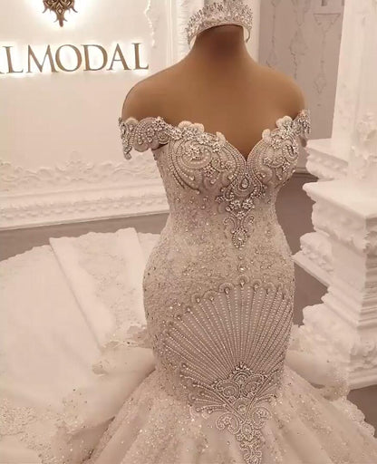 Gorgeous Long Off the Shoulder Crystal Backless Mermaid Wedding Dresses