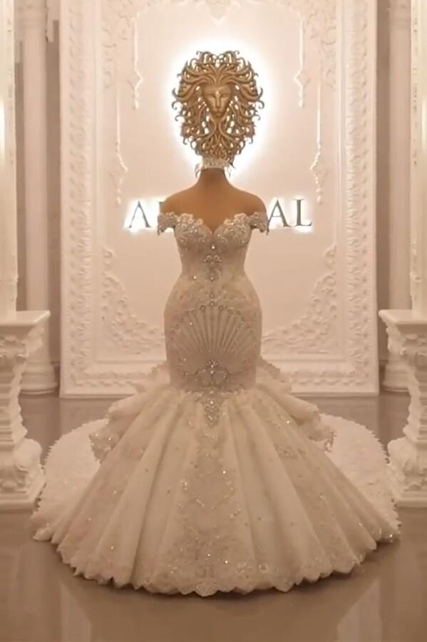 Gorgeous Long Off the Shoulder Crystal Backless Mermaid Wedding Dresses