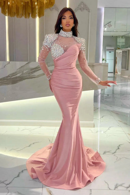 Wunderschönes langes orangefarbenes Meerjungfrau-Ballkleid mit hohem Halsausschnitt und langen Ärmeln