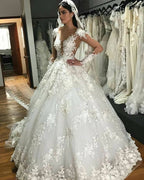 Wunderschönes langes Prinzessin-Brautkleid im Bateau-Stil mit Applikationen, Spitze, rückenfrei, Rüschen und Ärmeln