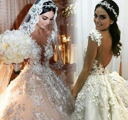 Gorgeous Long Princess Bateau Appliques Lace Backless Ruffles Wedding Dress with Sleeves