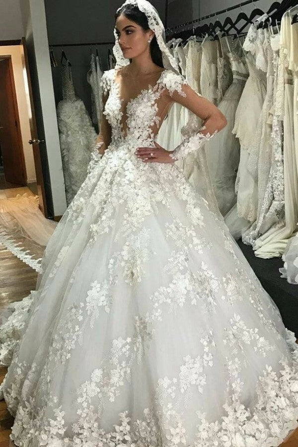 Wunderschönes langes Prinzessin-Brautkleid im Bateau-Stil mit Applikationen, Spitze, rückenfrei, Rüschen und Ärmeln