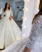 Gorgeous Long Princess Satin Bateau Appliques Lace Wedding Dress with Sleeves