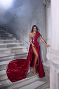 Hermoso vestido de fiesta largo rojo de corte A con purpurina, sin mangas, de un solo hombro y abertura