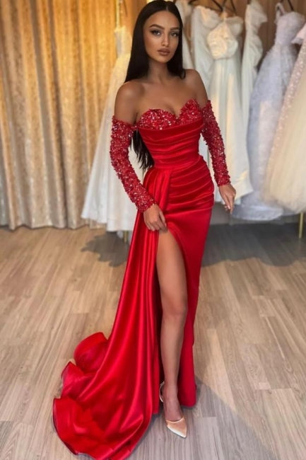 Wunderschönes langes rotes Meerjungfrau-Abschlussballkleid mit Herzausschnitt, Pailletten und Perlen verziert und langen Ärmeln