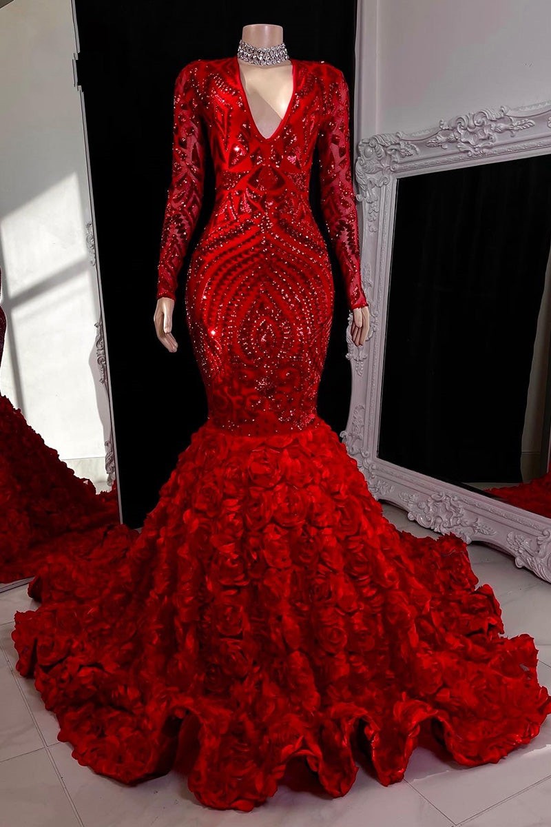 Wunderschönes langes rotes Meerjungfrau-Ballkleid mit V-Ausschnitt und langen Ärmeln
