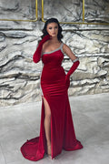 Wunderschönes langes rotes One-Shoulder-Ballkleid mit Pailletten und Schlitz