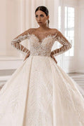 Wunderschönes A-Linien-Brautkleid mit langen Ärmeln und Bateau-Ausschnitt, Kristallperlen und Satin