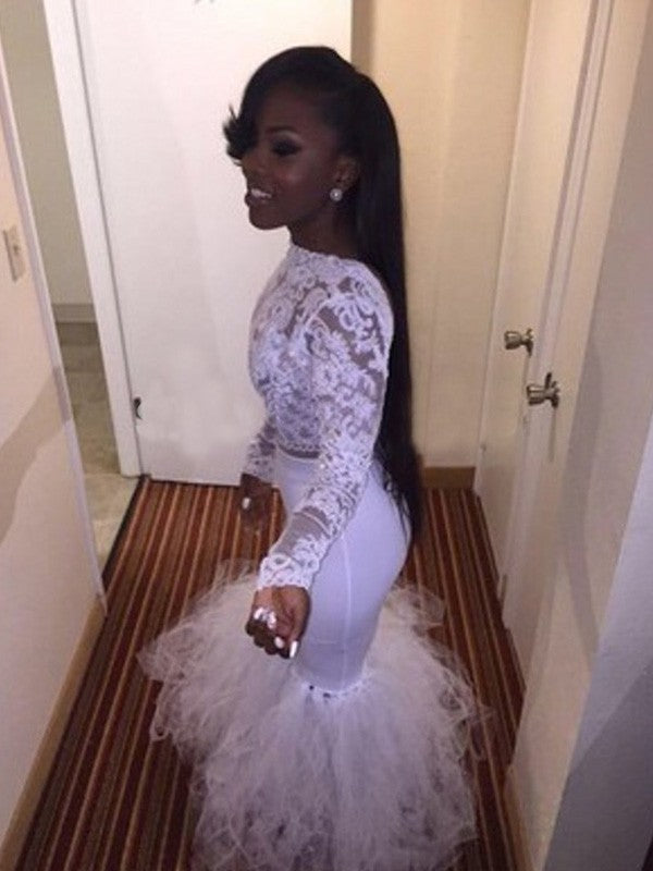 Hermosos vestidos de fiesta de sirena con escote barco, mangas largas de tul y longitud hasta el suelo