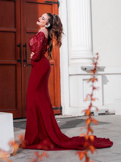 Gorgeous Mermaid Elastic Woven Satin Applique Off-the-Shoulder Long Sleeves Prom Dresses