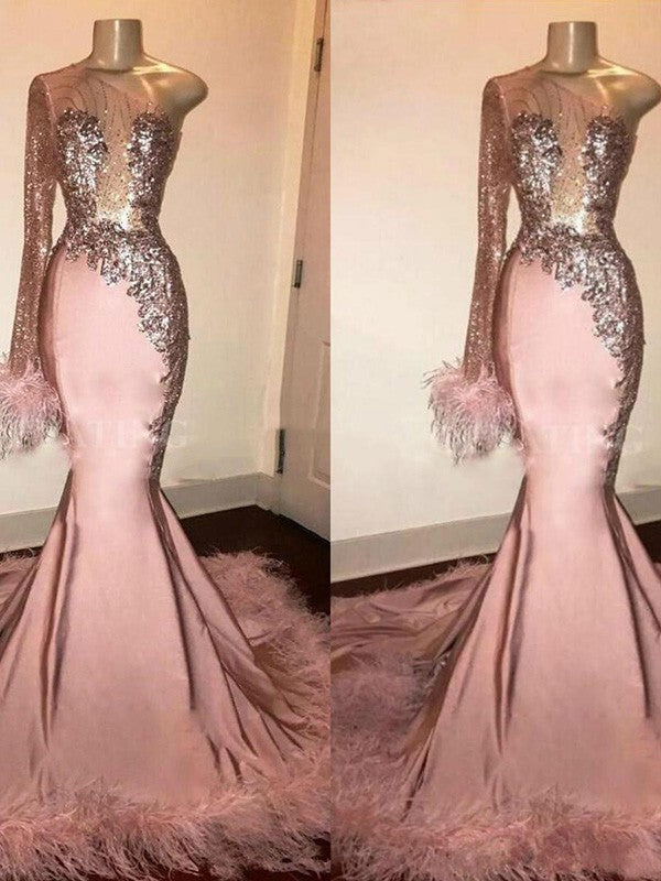 Hermosos vestidos de fiesta de sirena de satén elástico tejido con plumas y piel, de un solo hombro y manga larga.