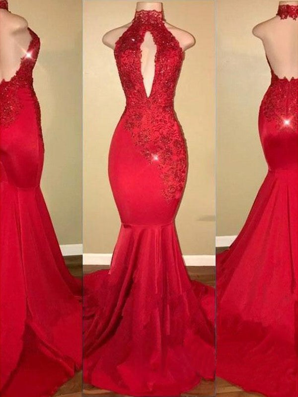 Gorgeous Mermaid Halter Sleeveless Applique Charmeuse Prom Dresses