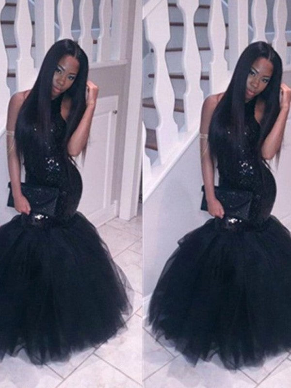 Wunderschöne Meerjungfrau Neckholder Ärmellos Bodenlang Pailletten Tüll Ballkleider