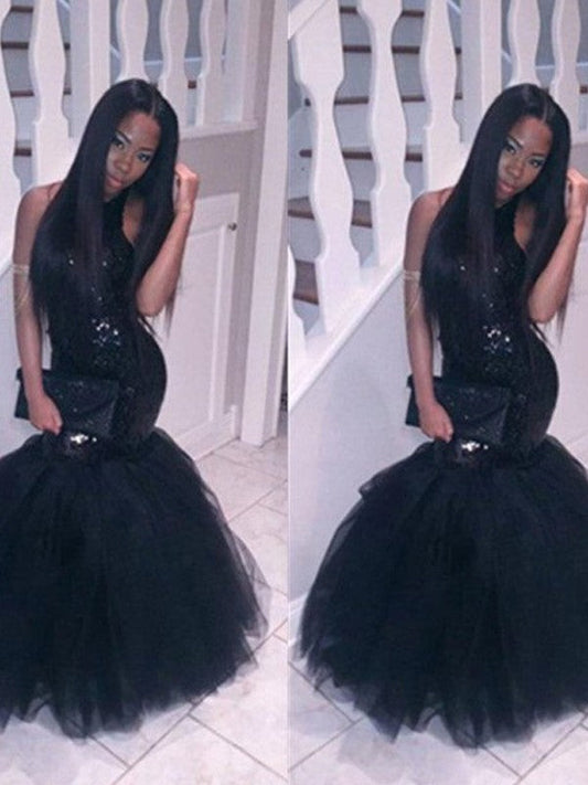 Wunderschöne Meerjungfrau Neckholder Ärmellos Bodenlang Pailletten Tüll Ballkleider