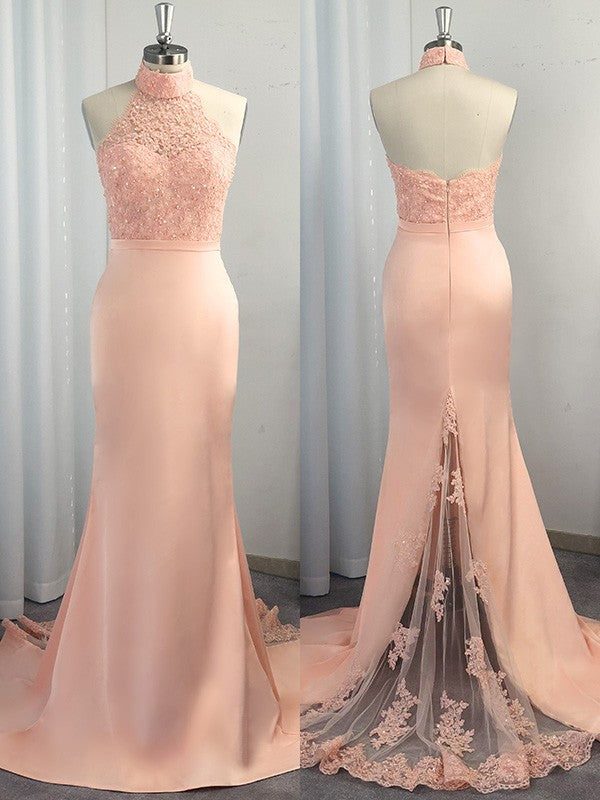 Wunderschöne Meerjungfrau Neckholder Ärmellose Satin Spitze Ballkleider