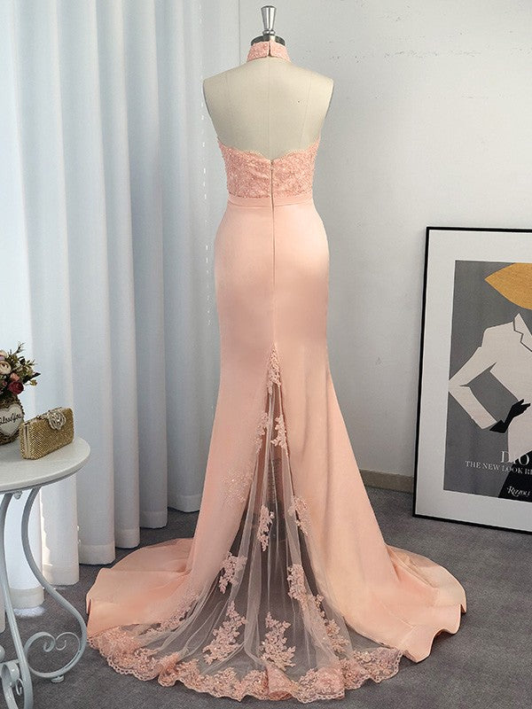 Wunderschöne Meerjungfrau Neckholder Ärmellose Satin Spitze Ballkleider