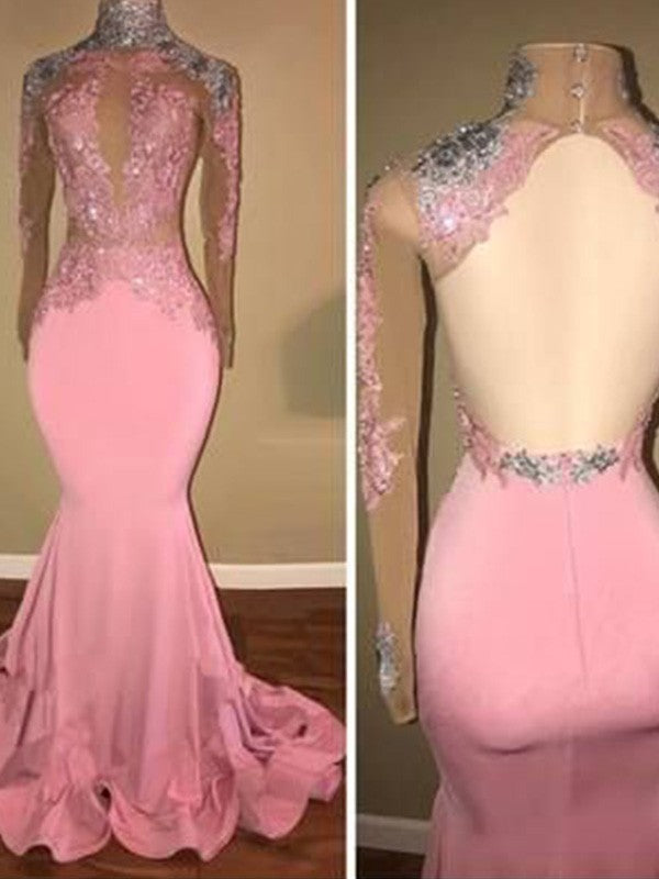Hermosos vestidos de fiesta de sirena con cuello alto, jersey, apliques y mangas largas