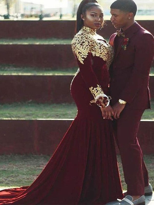 Hermosos vestidos de fiesta de talla grande de terciopelo con escote alto y mangas largas con apliques y cola de sirena