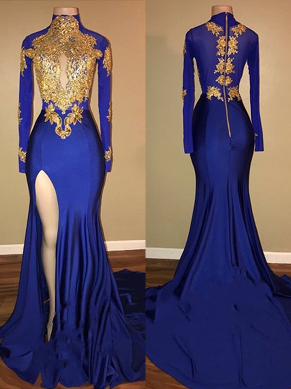 Hermosos vestidos de fiesta de sirena con cuello alto, mangas largas y apliques de licra