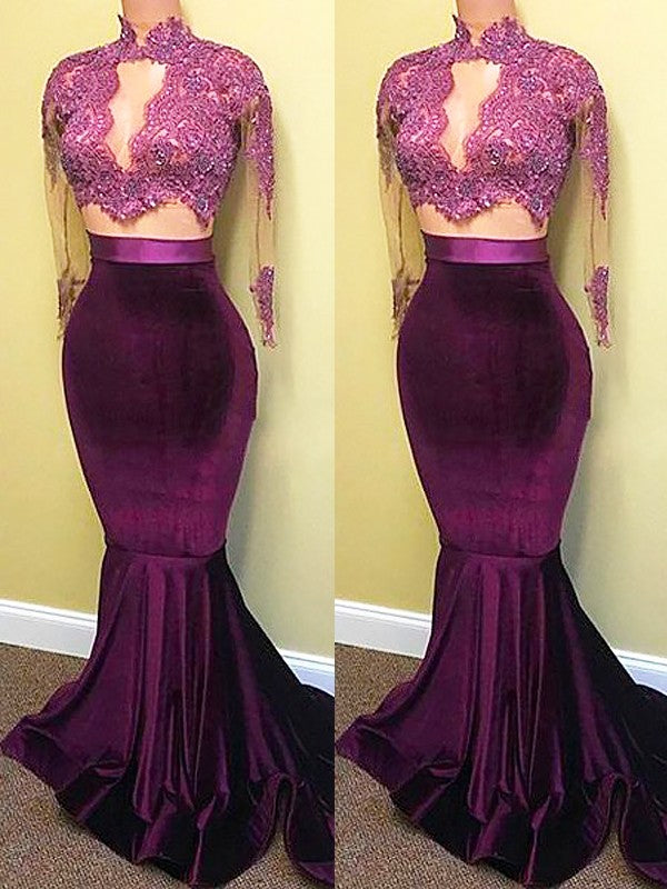 Hermosos vestidos de fiesta con apliques de sirena, cuello alto y mangas largas de satén