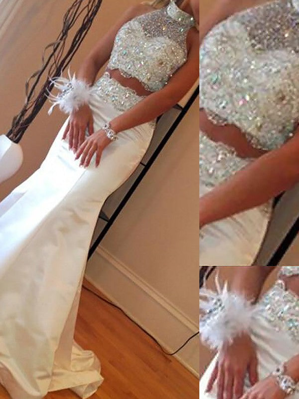 Hermosos vestidos de fiesta de dos piezas con escote alto, sin mangas, de satén y cuentas, de sirena