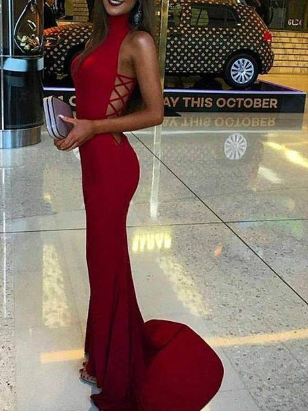 Hermosos vestidos de fiesta de sirena con cuello alto y spandex sin mangas